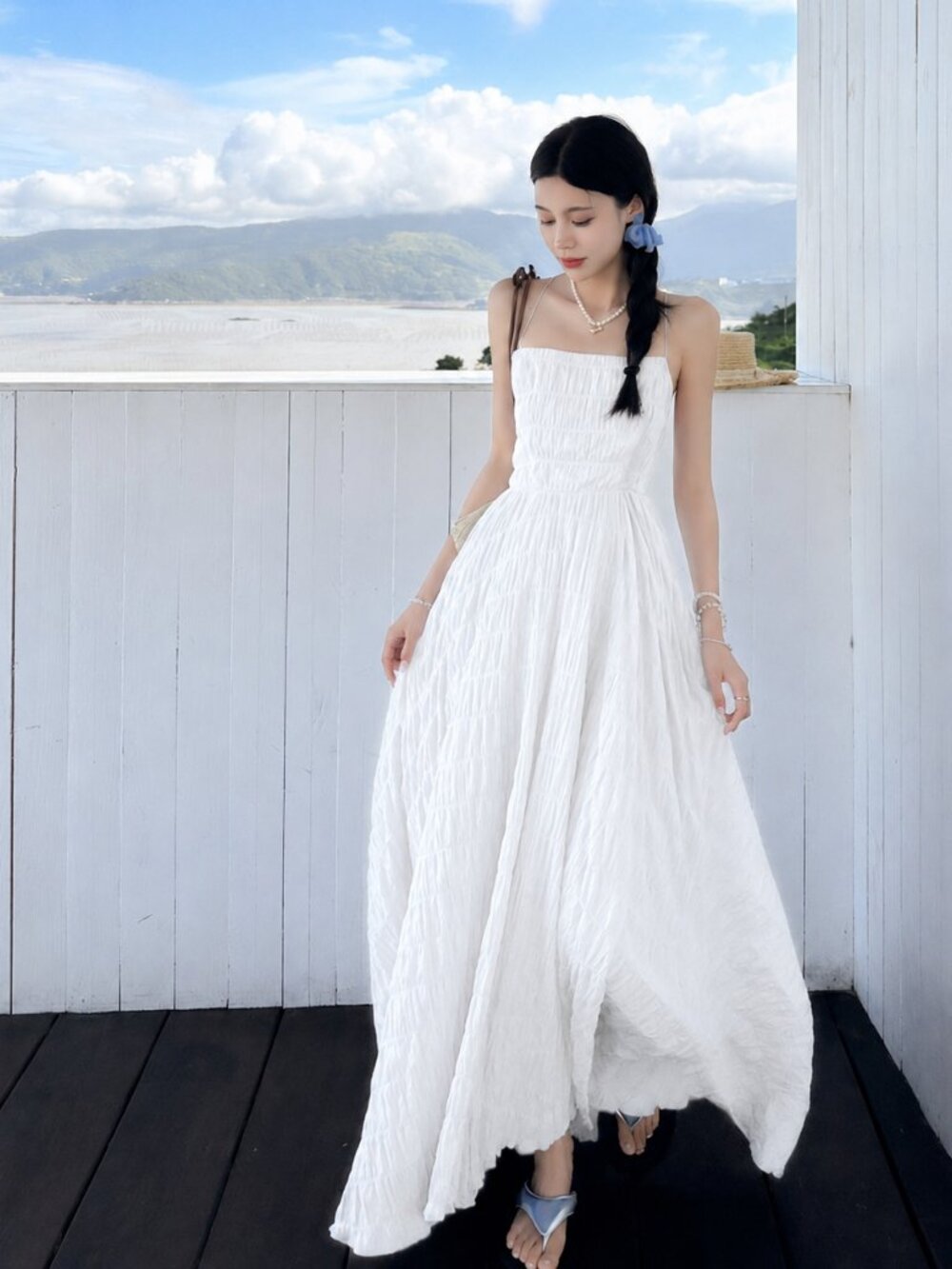 Women's Summer Seaside Waves White Sheer Vacation Backless Dress